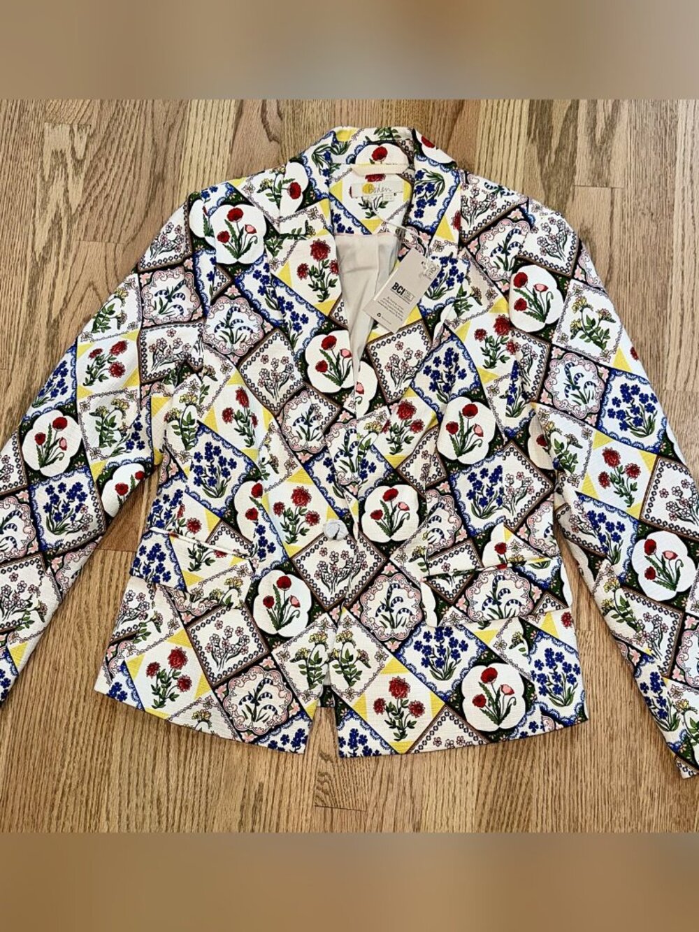 NWT Boden Floral Tile Print Cotton Blazer Cream Red Blue Yellow US 10 UK 14